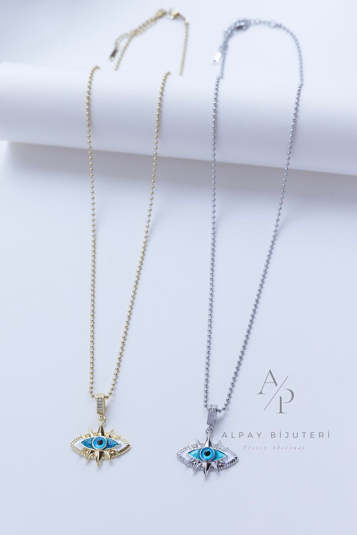 Beyaz Taş Göz Detay Çelik Kolye