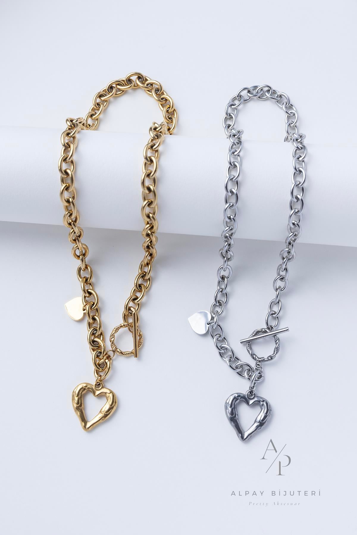 Kalp Model Kalın Zincir Çelik Kolye