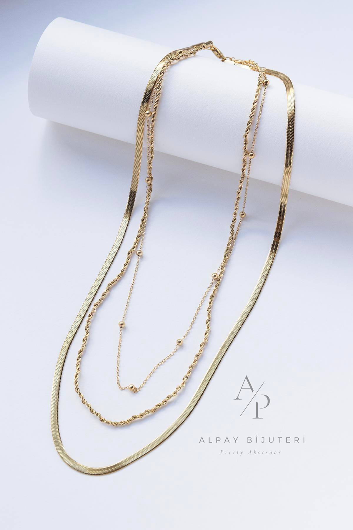 Burgulu Üçlü Çelik Kolye