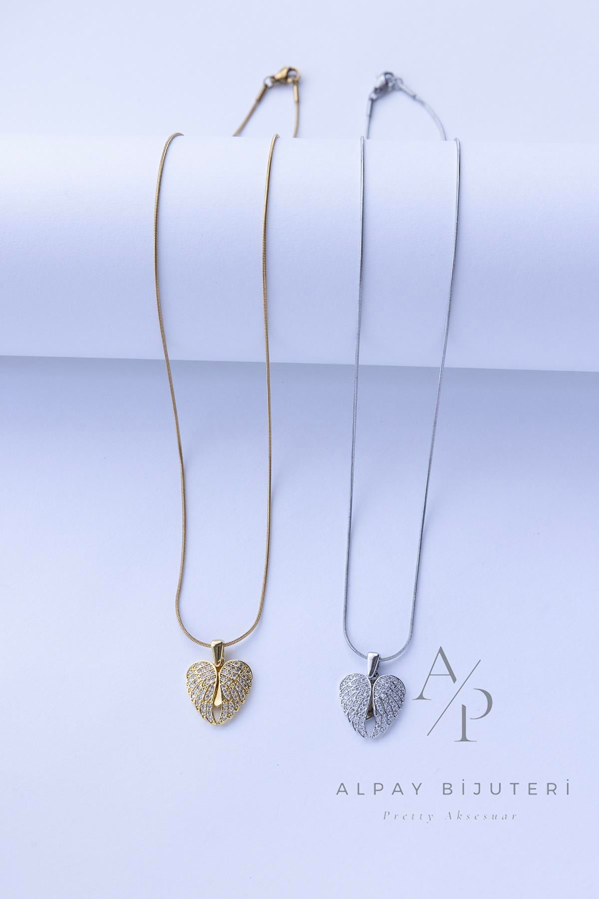 Kanat Kalp Model Parıltılı Çelik Kolye