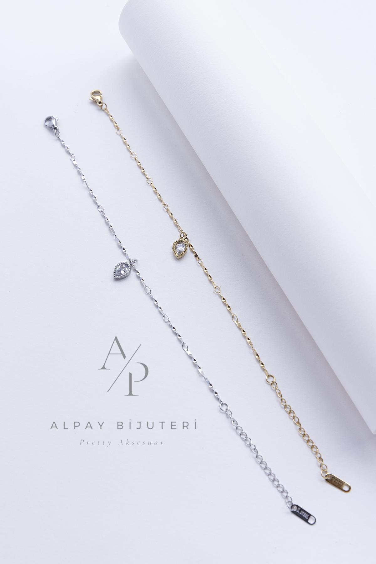 Su Damlası Taş Detay Çelik Bileklik 