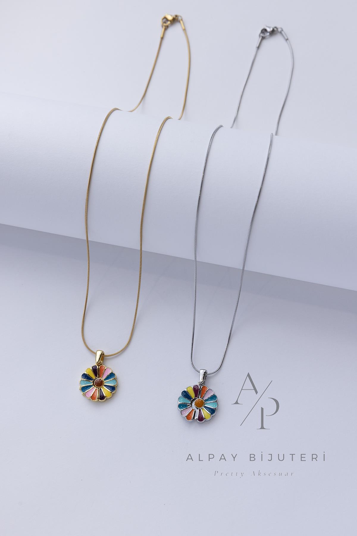 Renkli Çiçek Papatya Çelik Kolye