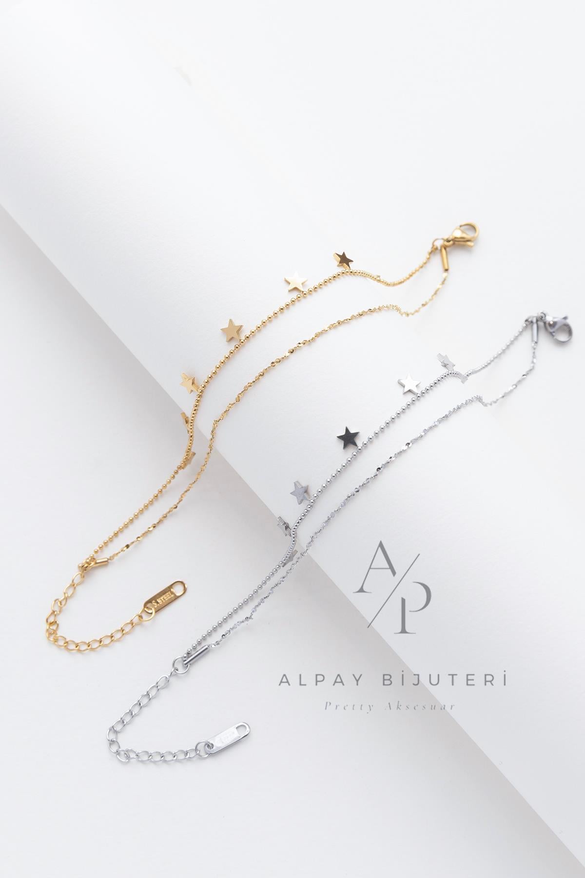 Yıldız Simgeli İkili Zincir Çelik Bileklik