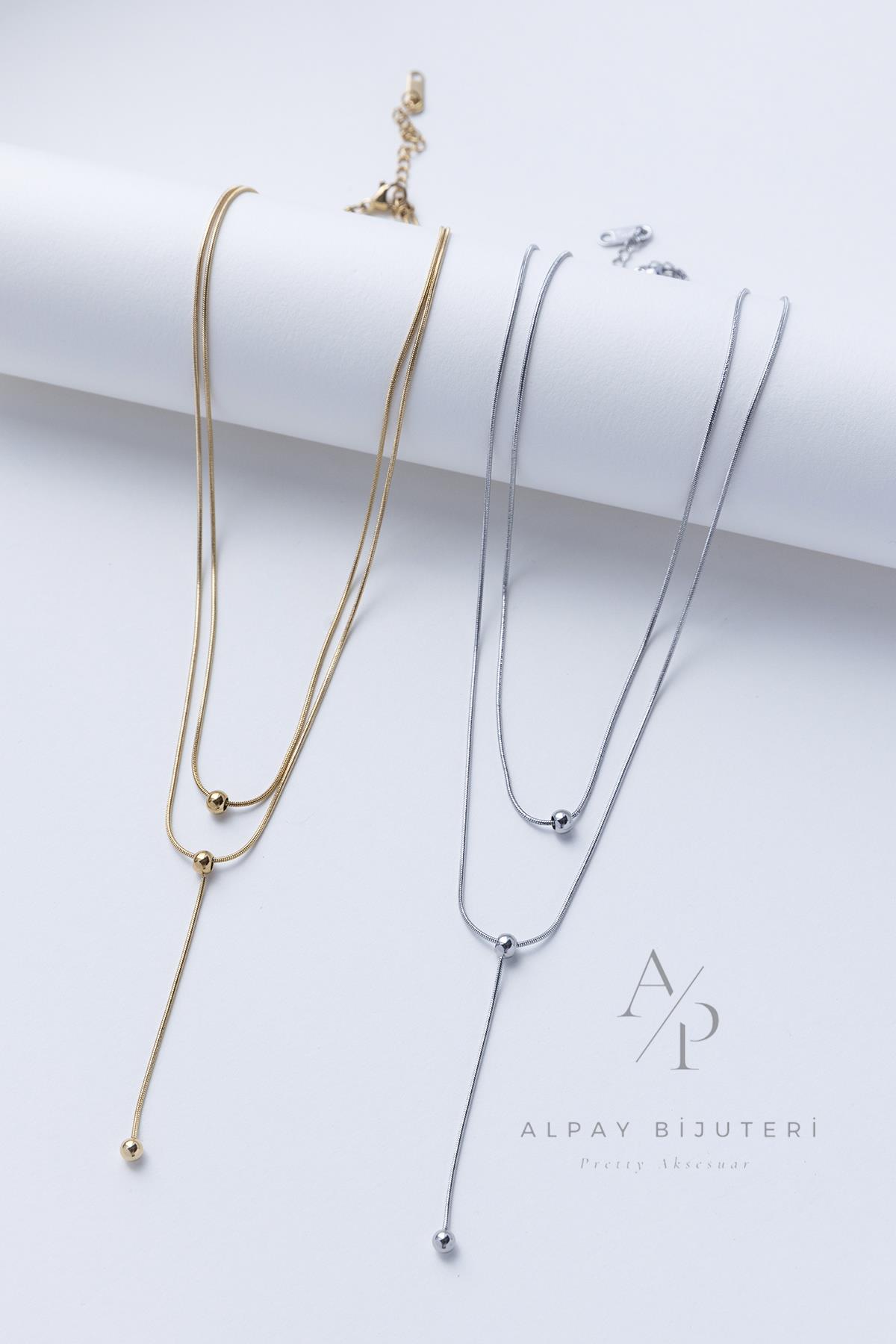 İkili Zincir Sallantılı Çelik Kolye