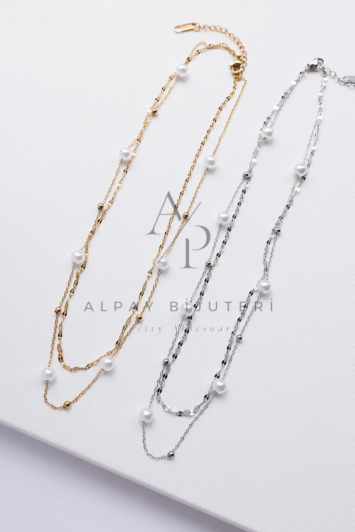 İkili İnci Detay Zincir Çelik Kolye