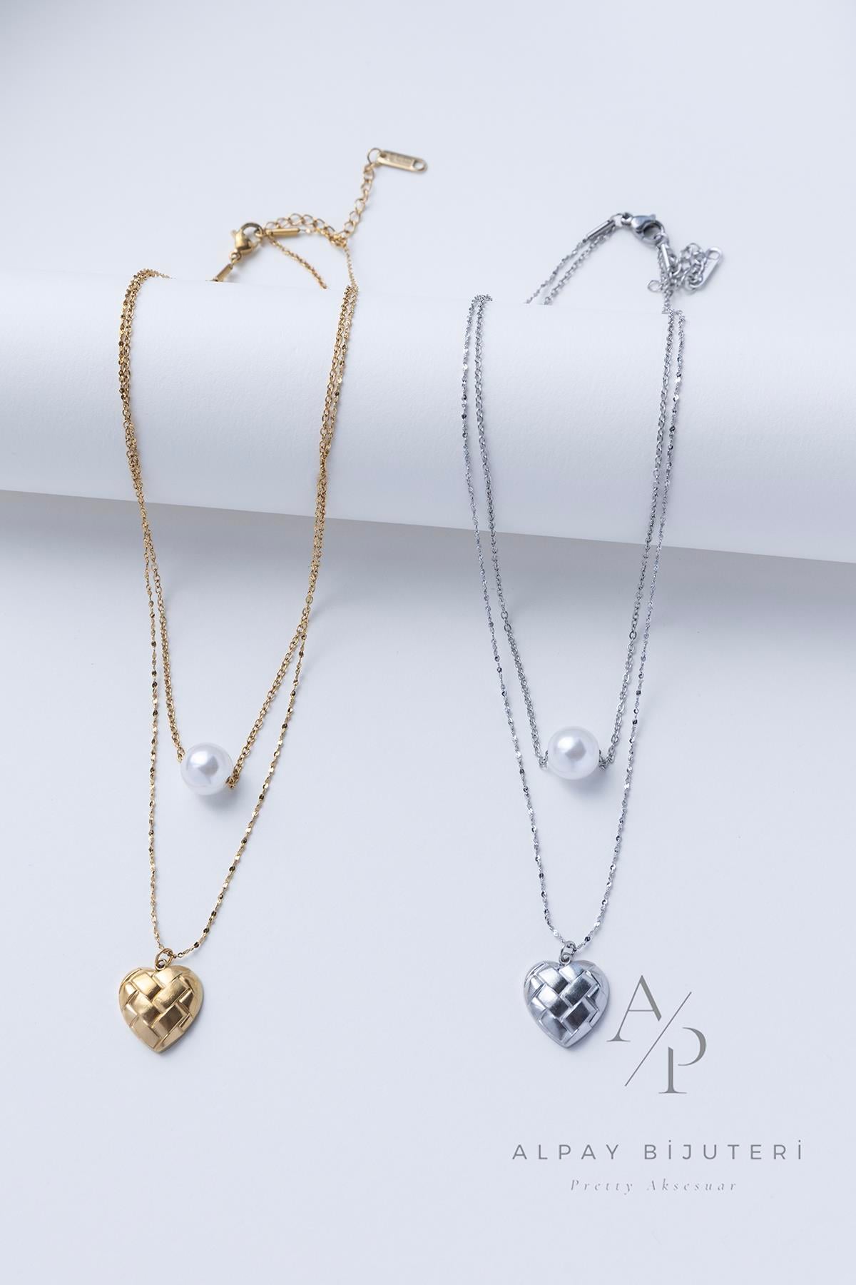 İnci Detay Kalp Model Çelik Kolye