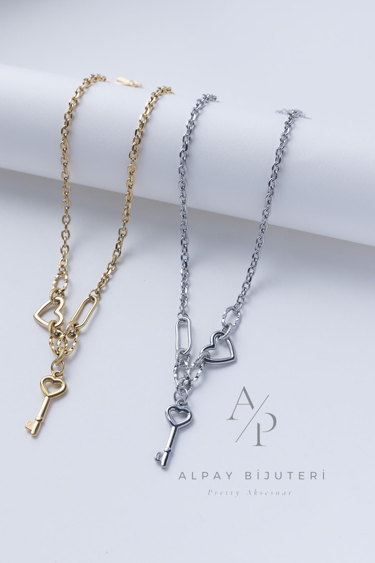 Kalp Anahtar Charm Çelik Kolye
