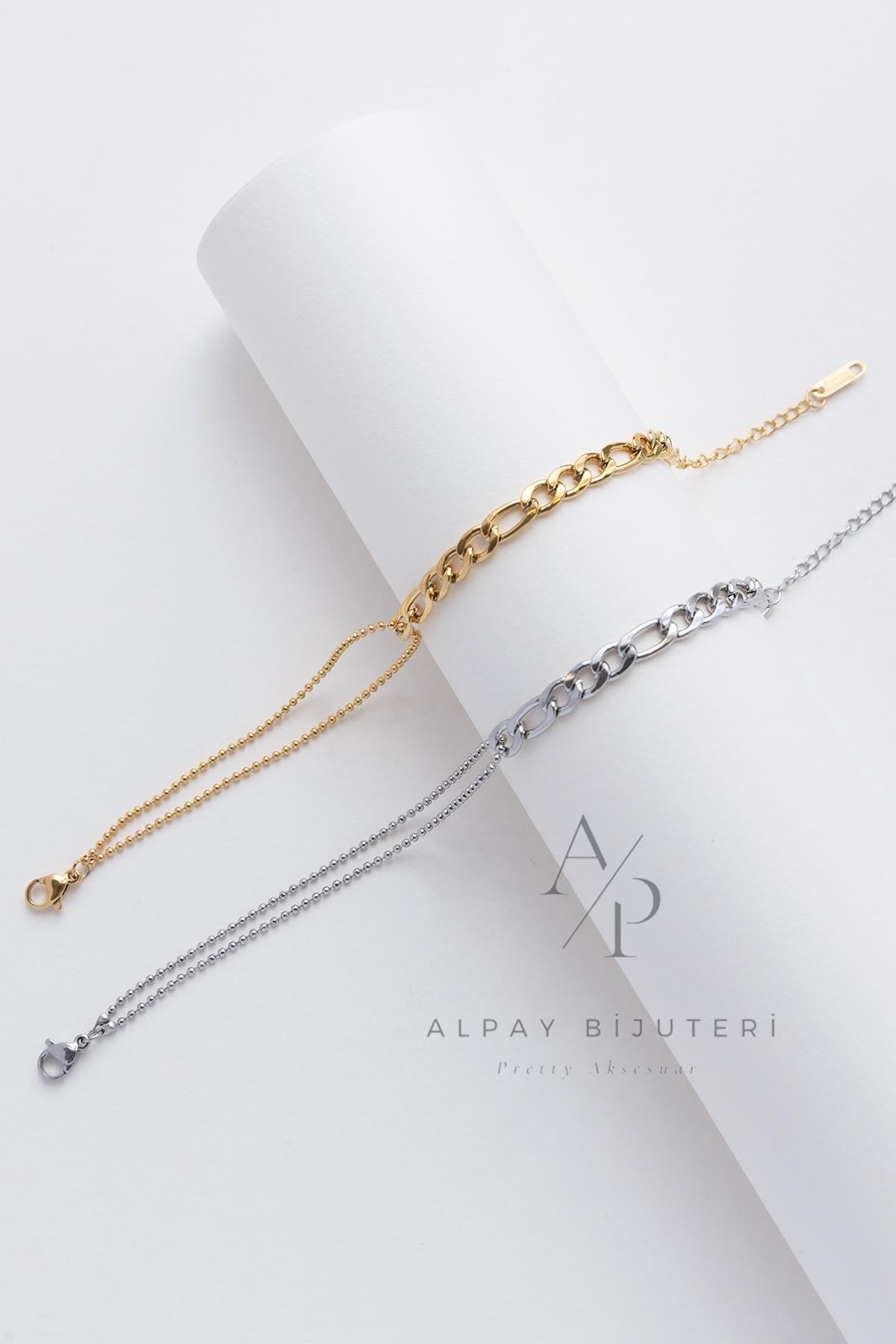 İki Zincir Birleşim Çelik Bileklik