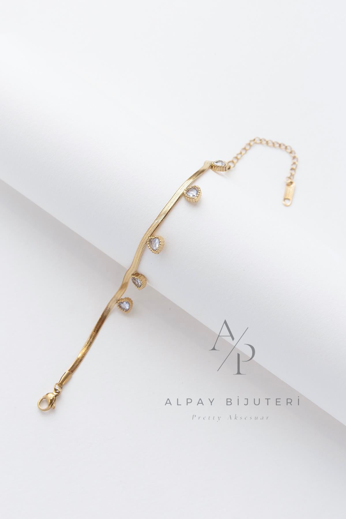 Kalp Model Taş Çelik Bileklik