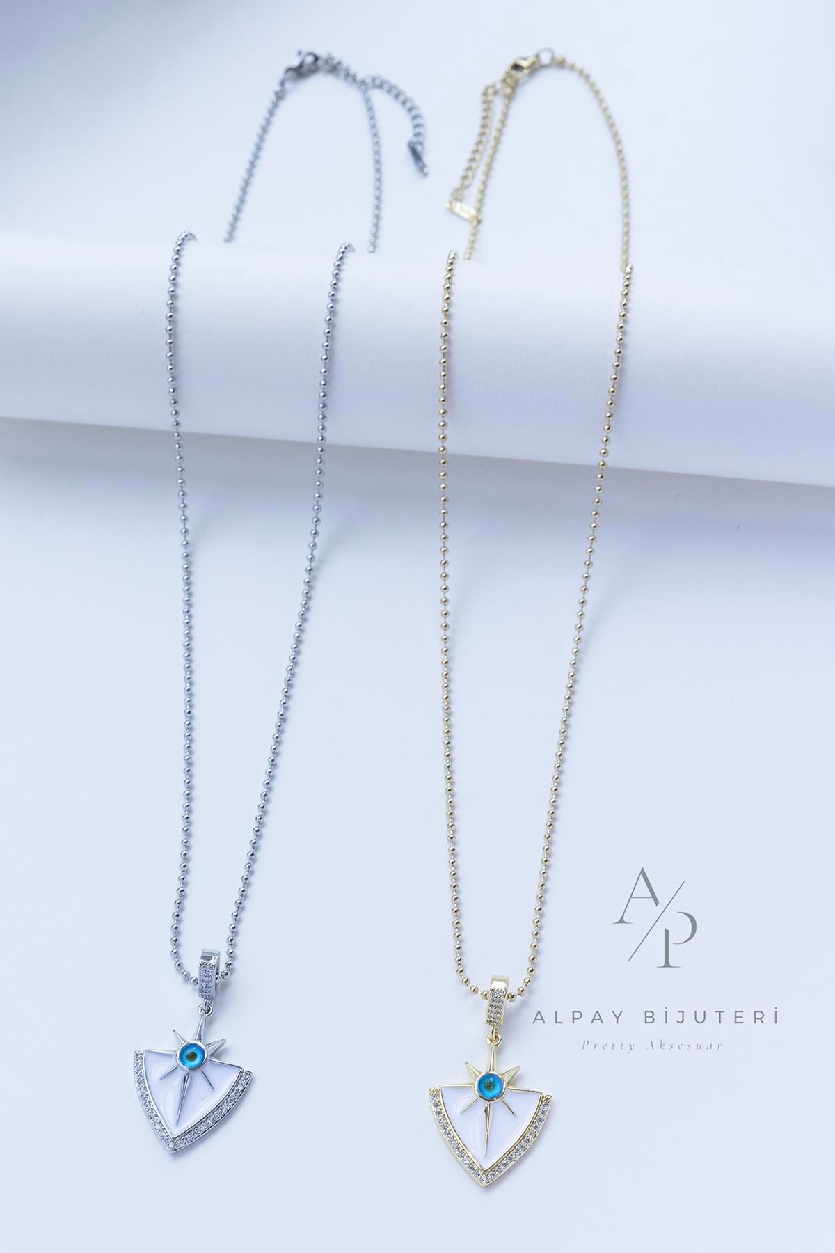 Beyaz Taş Göz Detay Çelik Kolye