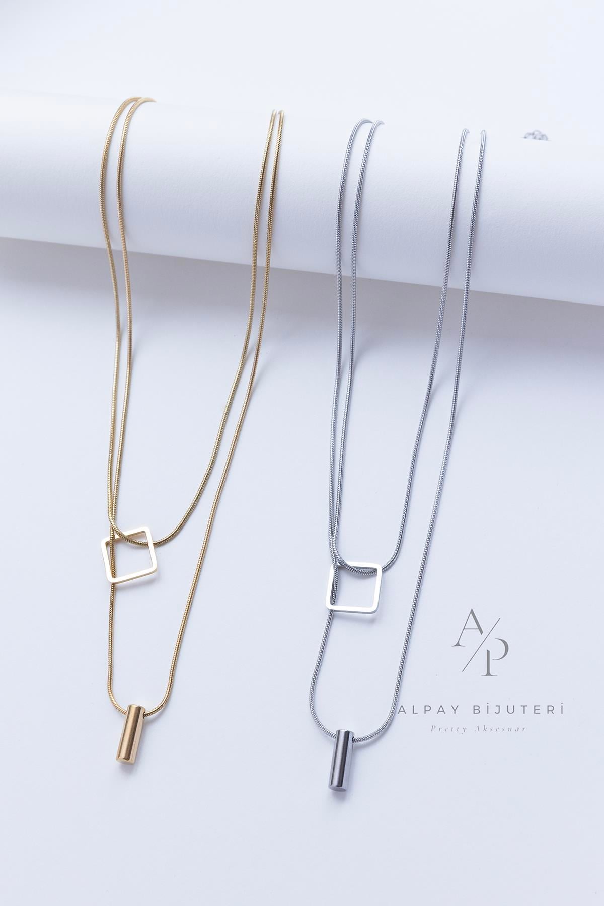 Kare Detay İkili Zincir Çelik Kolye