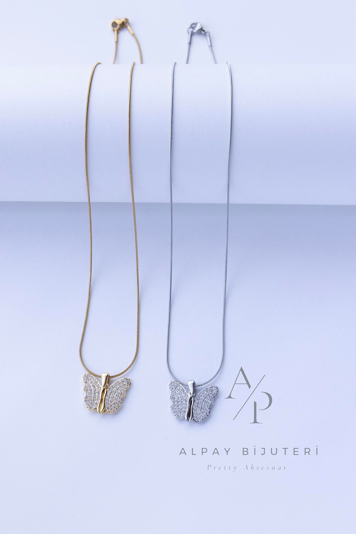 Parıltılı Kelebek Çelik Kolye