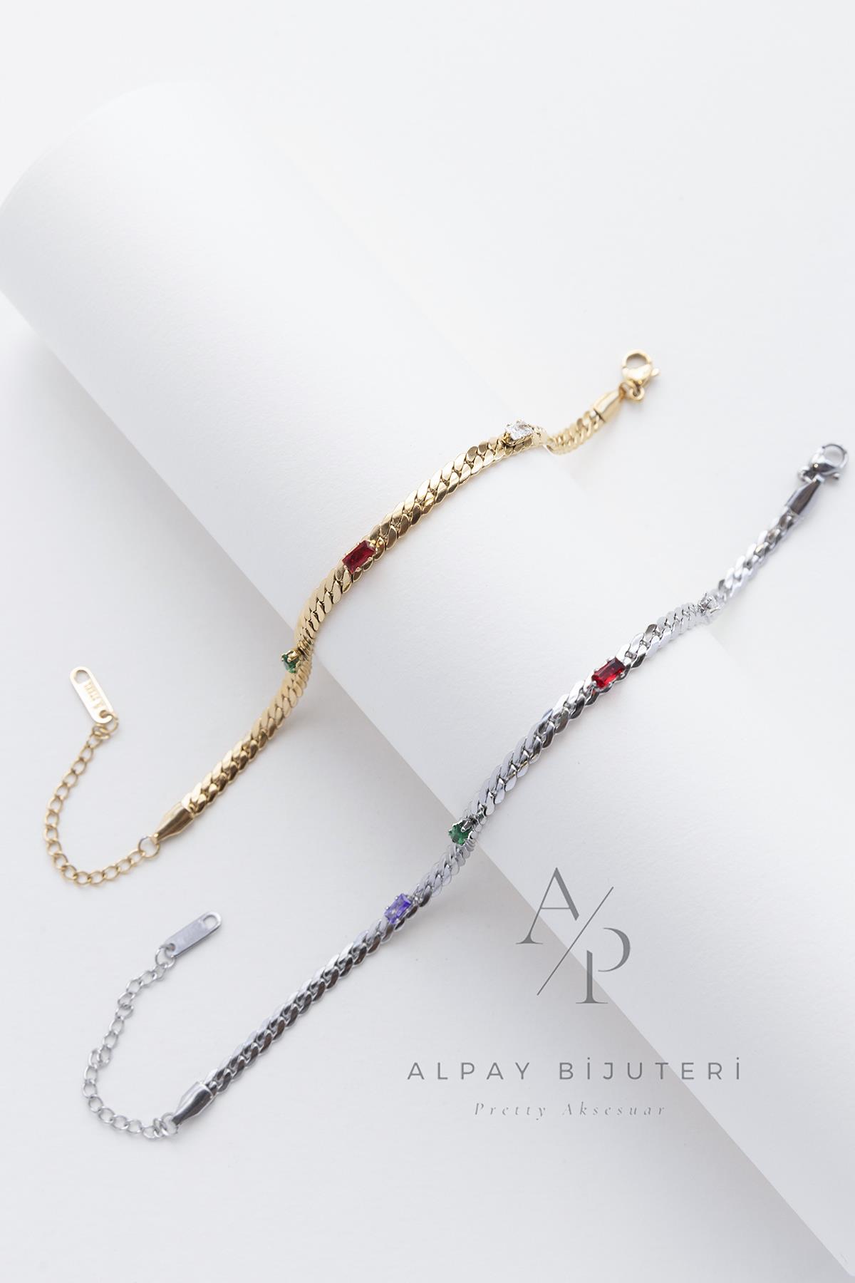 Örgü Model Kırmızı Taş Çelik Bileklik