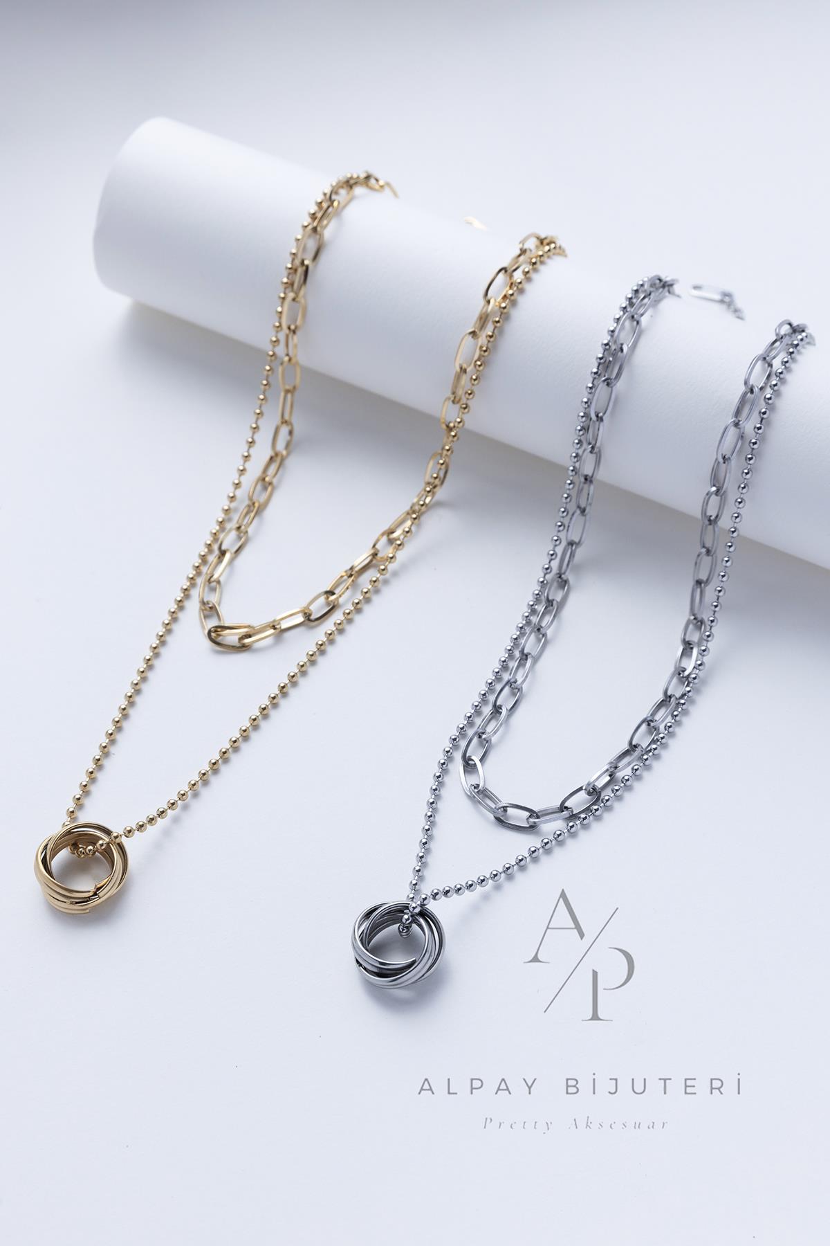 Halka Detay İkili Zincir Çelik Kolye