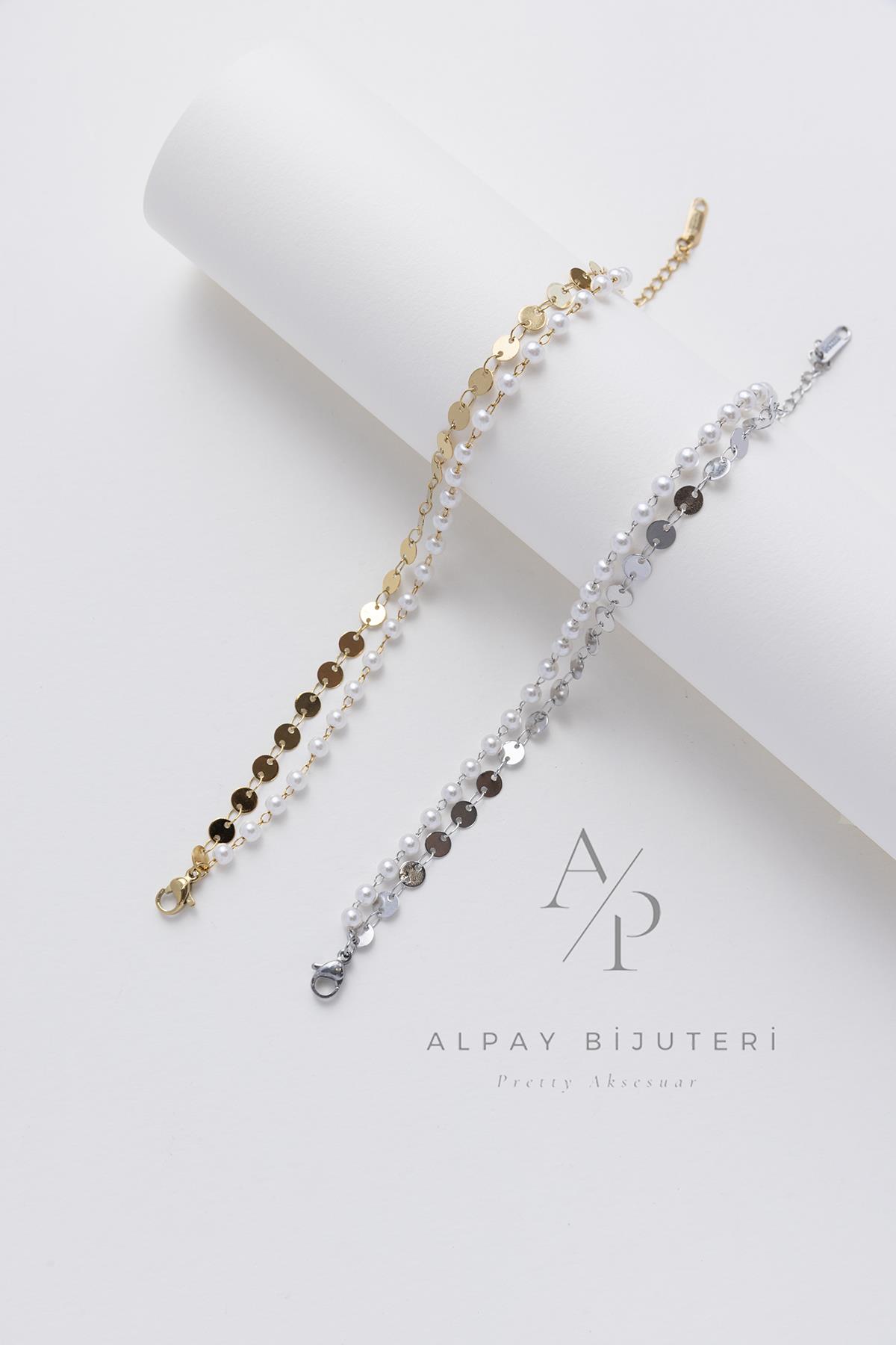 İnci ve Pul Detay Zincir Çelik Bileklik