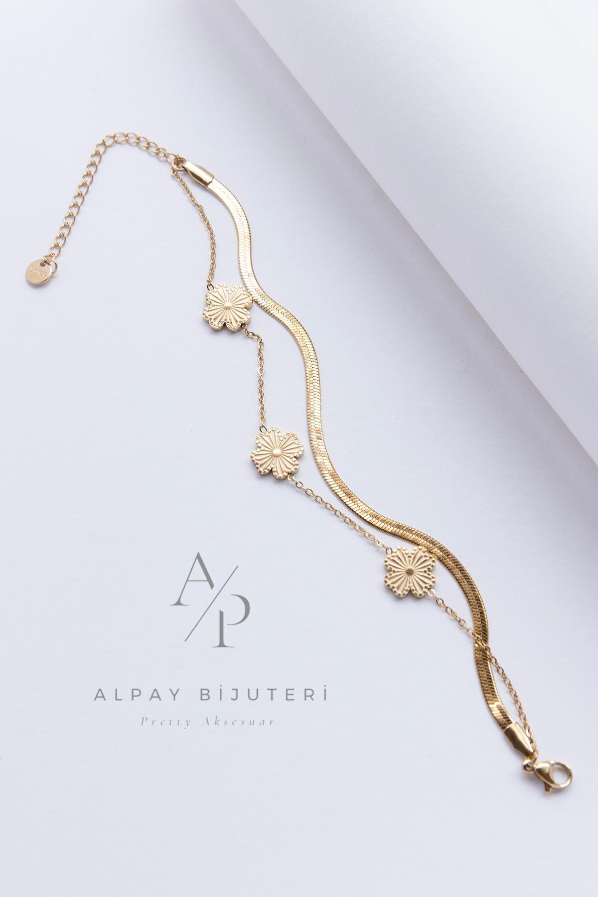 Çiçek Model İkili Zincir Çelik Bileklik