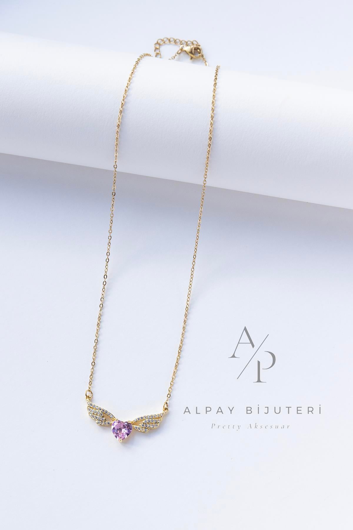 Mor Taş Detay Kanat Çelik Kolye