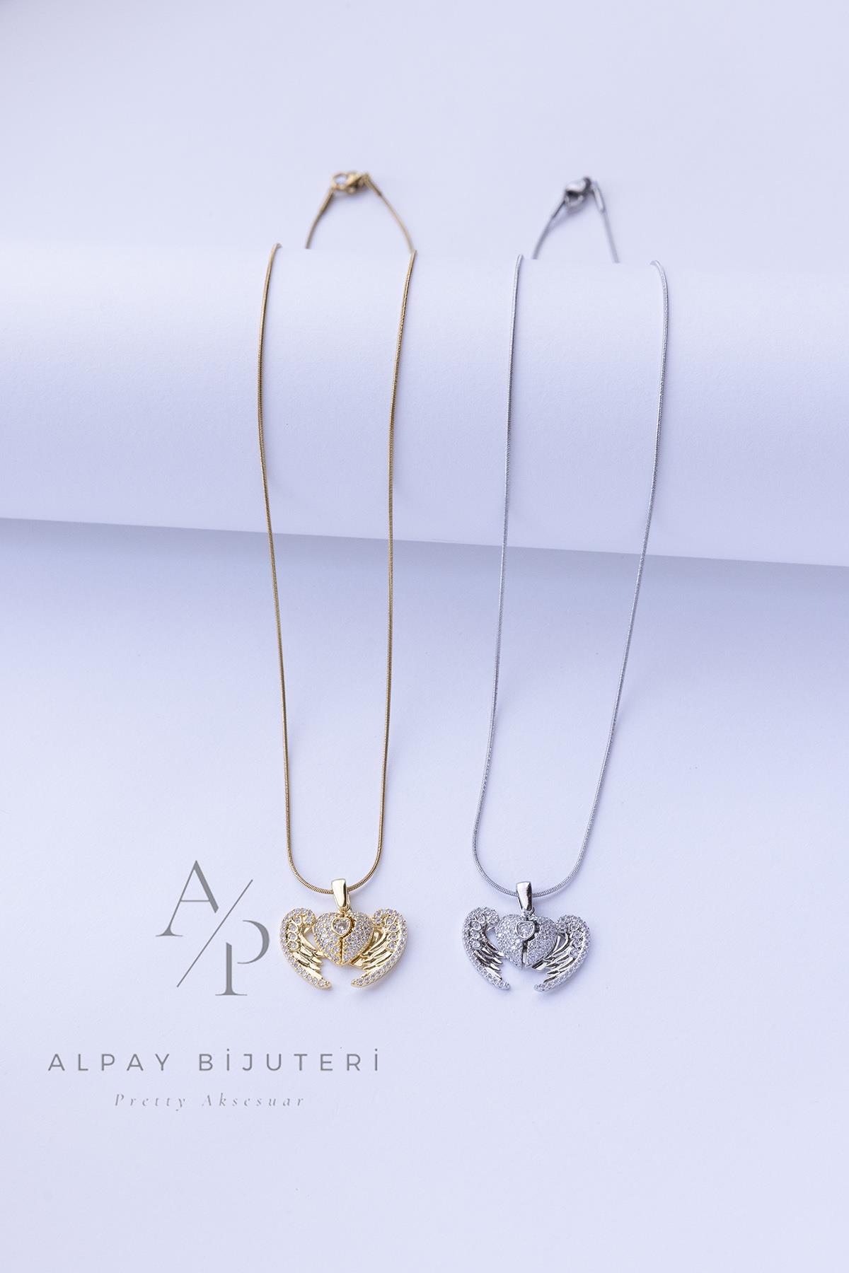 Kanat Detay Parıltılı Çelik Kolye