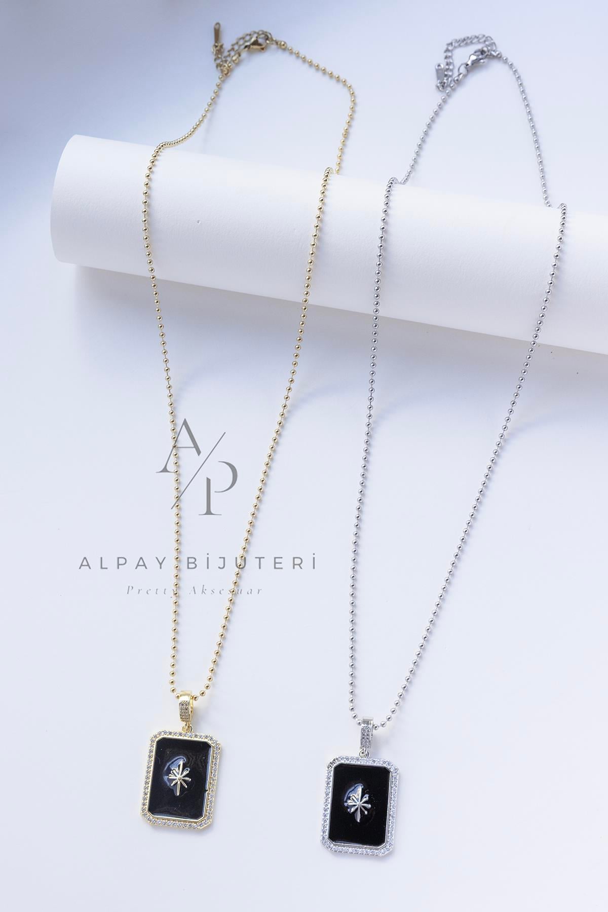 Siyah Taş Sembol Çelik Kolye