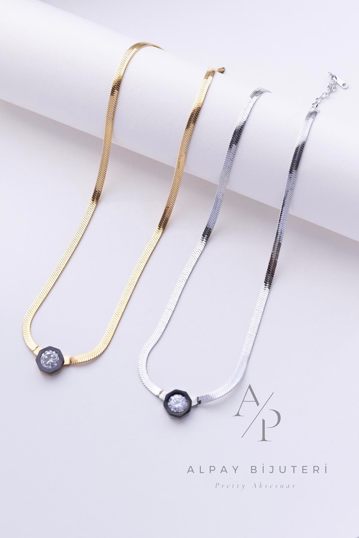 Taş Detay İtalyan Zinciri Çelik Kolye