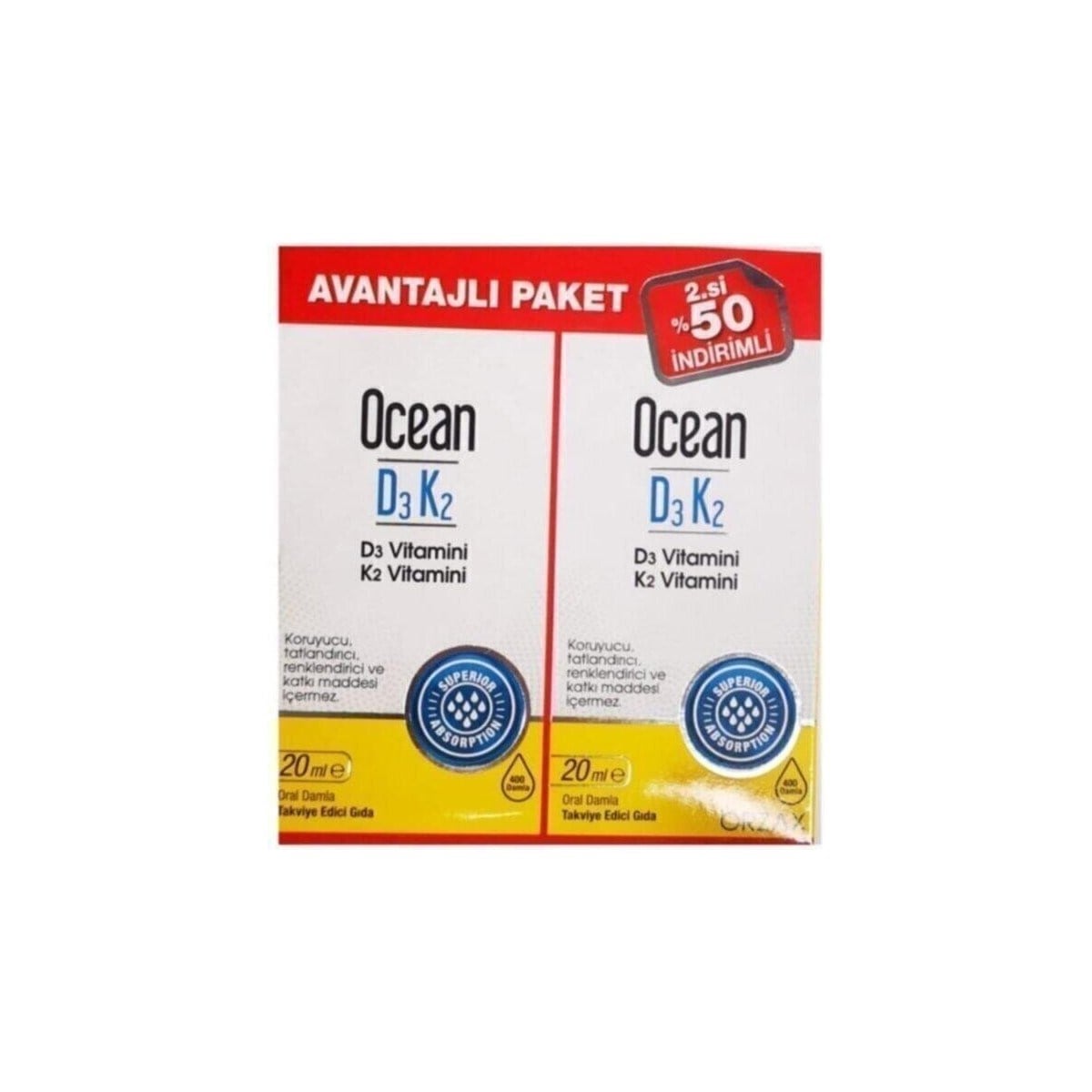 Ocean D3K2 Damla 20+20 ml - İkincisi %50 İndirimli - Eski Ambalaj