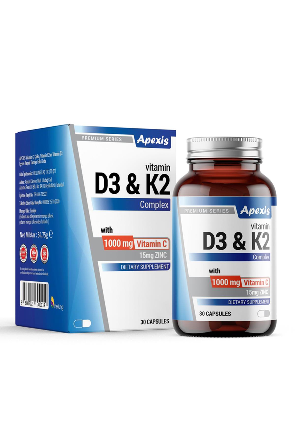 Apexis Vitamin D3 K2 Complex Vitamin C 1000 mg 30 Kapsül