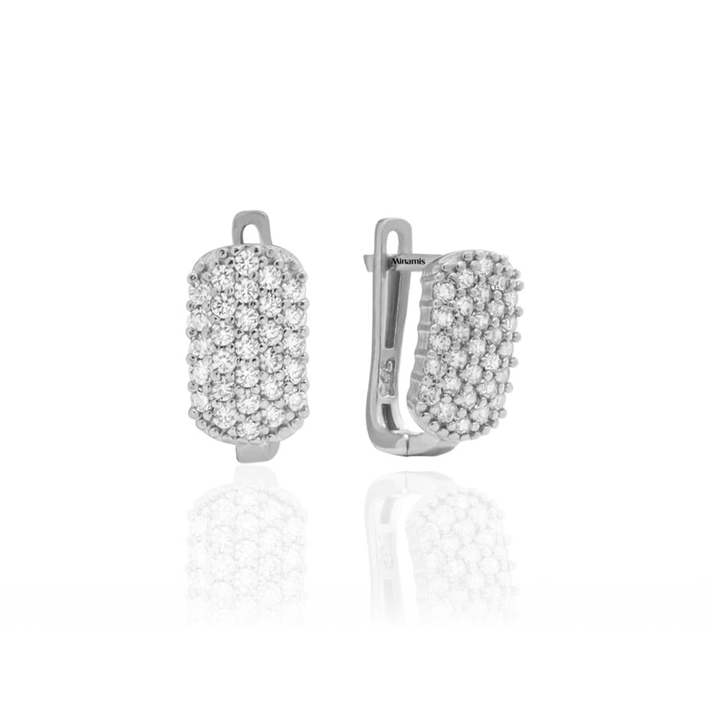 925 Ayar Oval Bombe Tasarımlı Taşlı Gümüş Küpe Silver