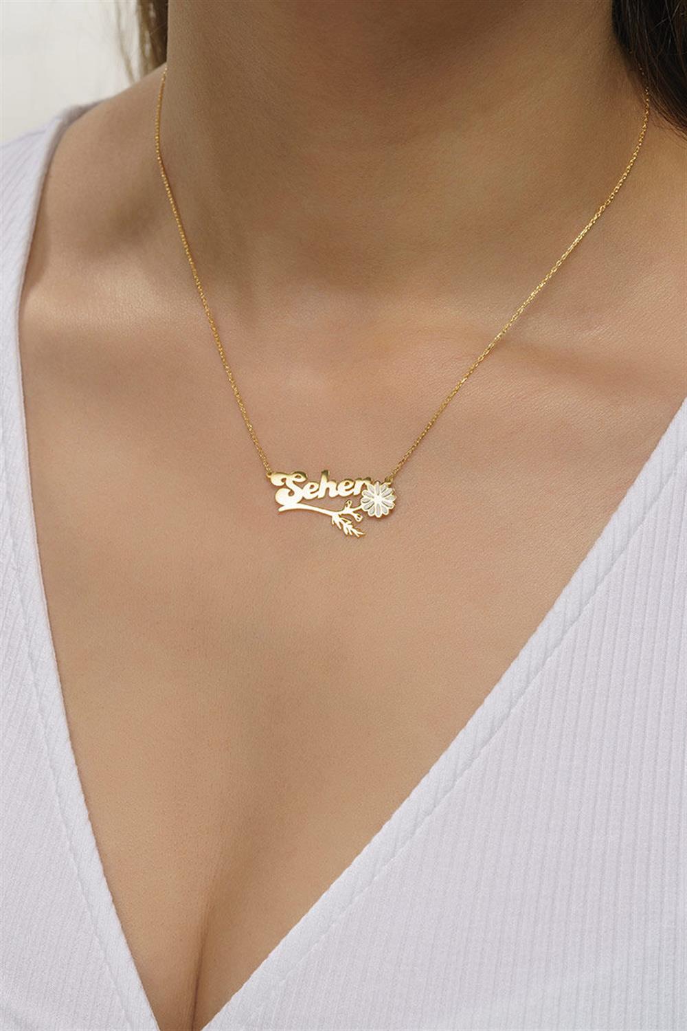 Mineli Papatya İsim 925 Ayar Gümüş Kolye