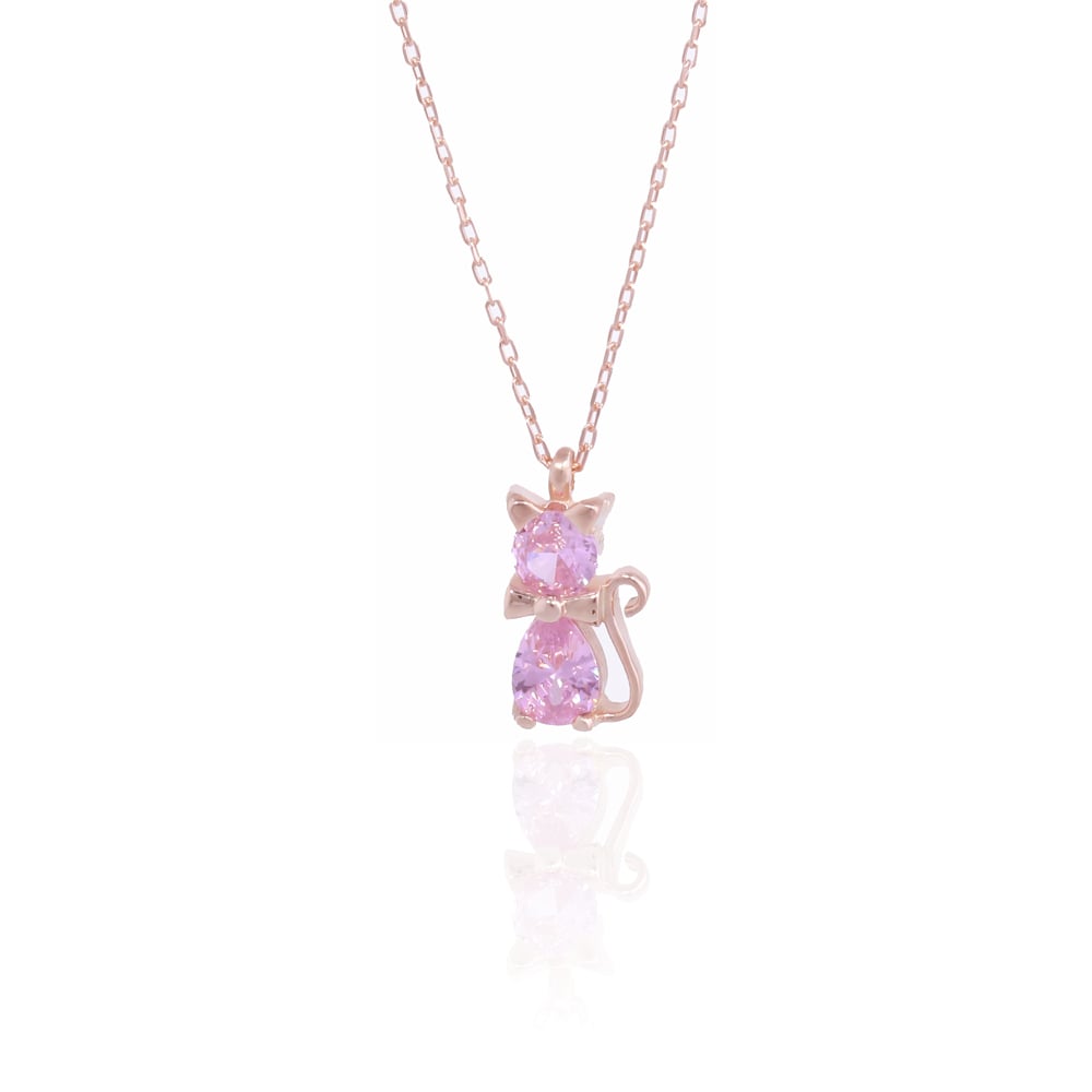 Pembe Taşlı Kedili kolye