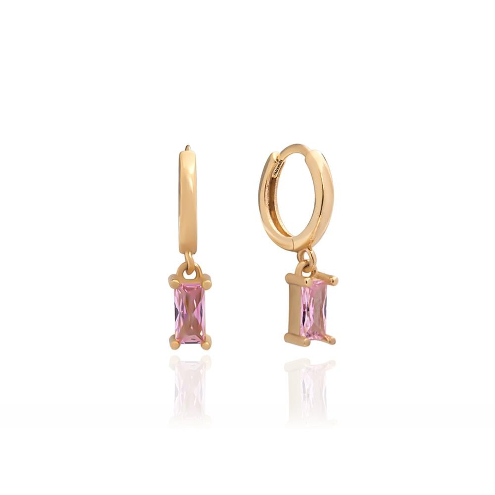 Pembe Topaz Renkli Ekim Doğum Taşı Baget Küpe Gold