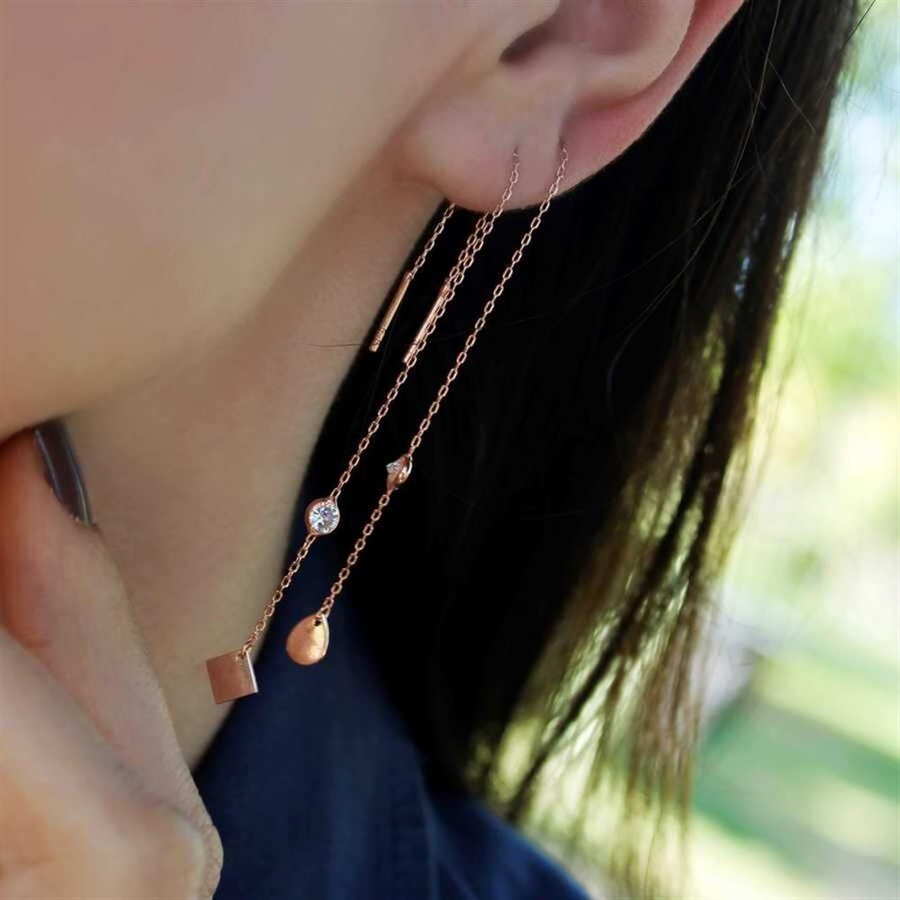 Sallantılı Rose İkili 925 Ayar Gümüş Küpe