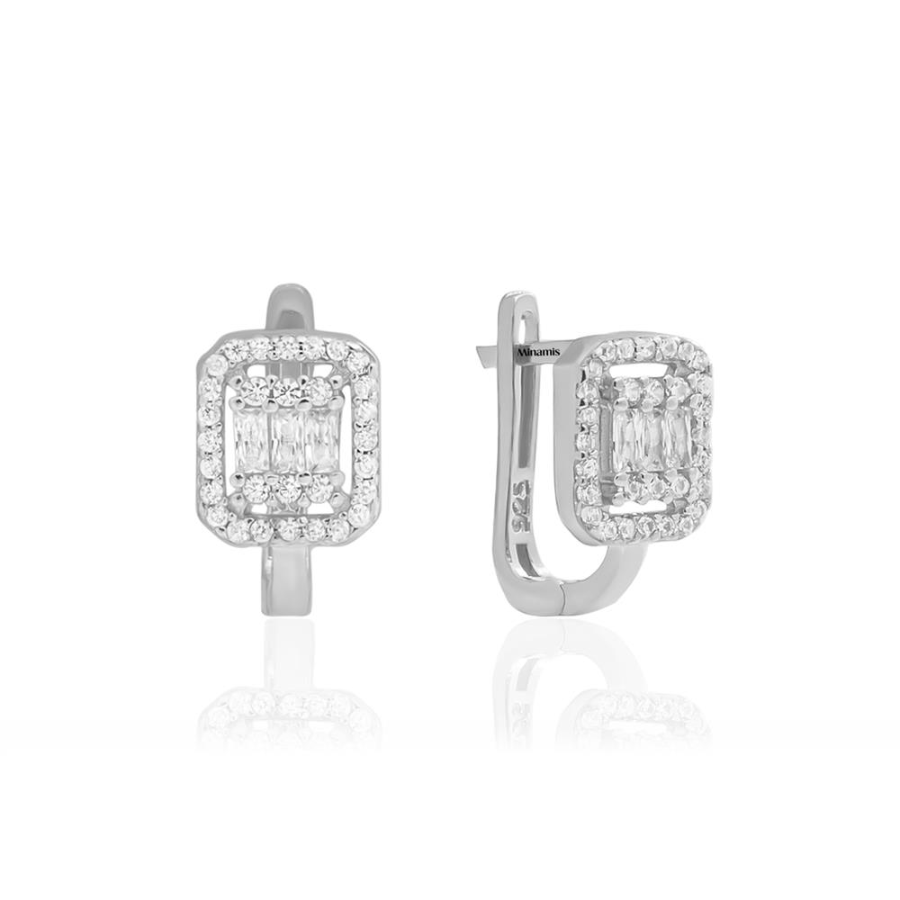 925 Ayar Gümüş Pave Baget Taşlı Küpe Silver