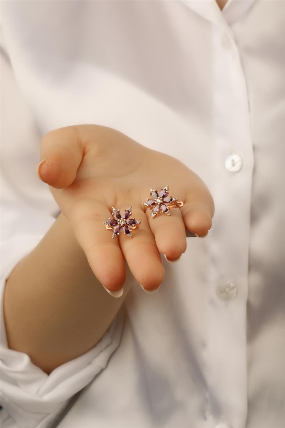 Ametist Taşı Renkli Gümüş Çiçek Küpe Rose