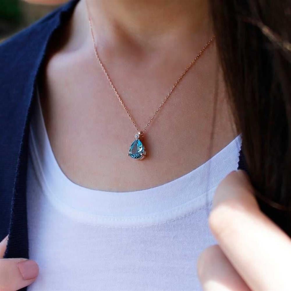 Aquamarin Damla Taşlı 925 Ayar Gümüş Kolye