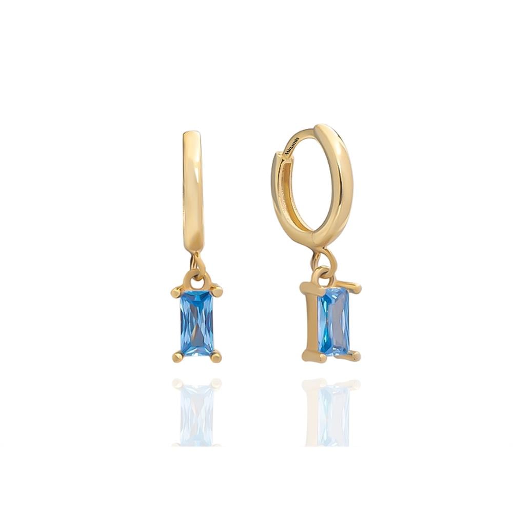 Aquamarin Taşı Renkli Mart Doğum Taşı Baget Küpe Gold