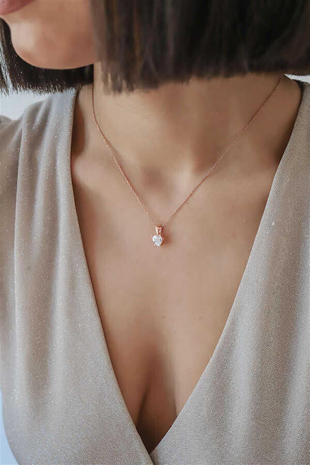 Kalp Taşlı Minimalist 925 Ayar Gümüş Kolye