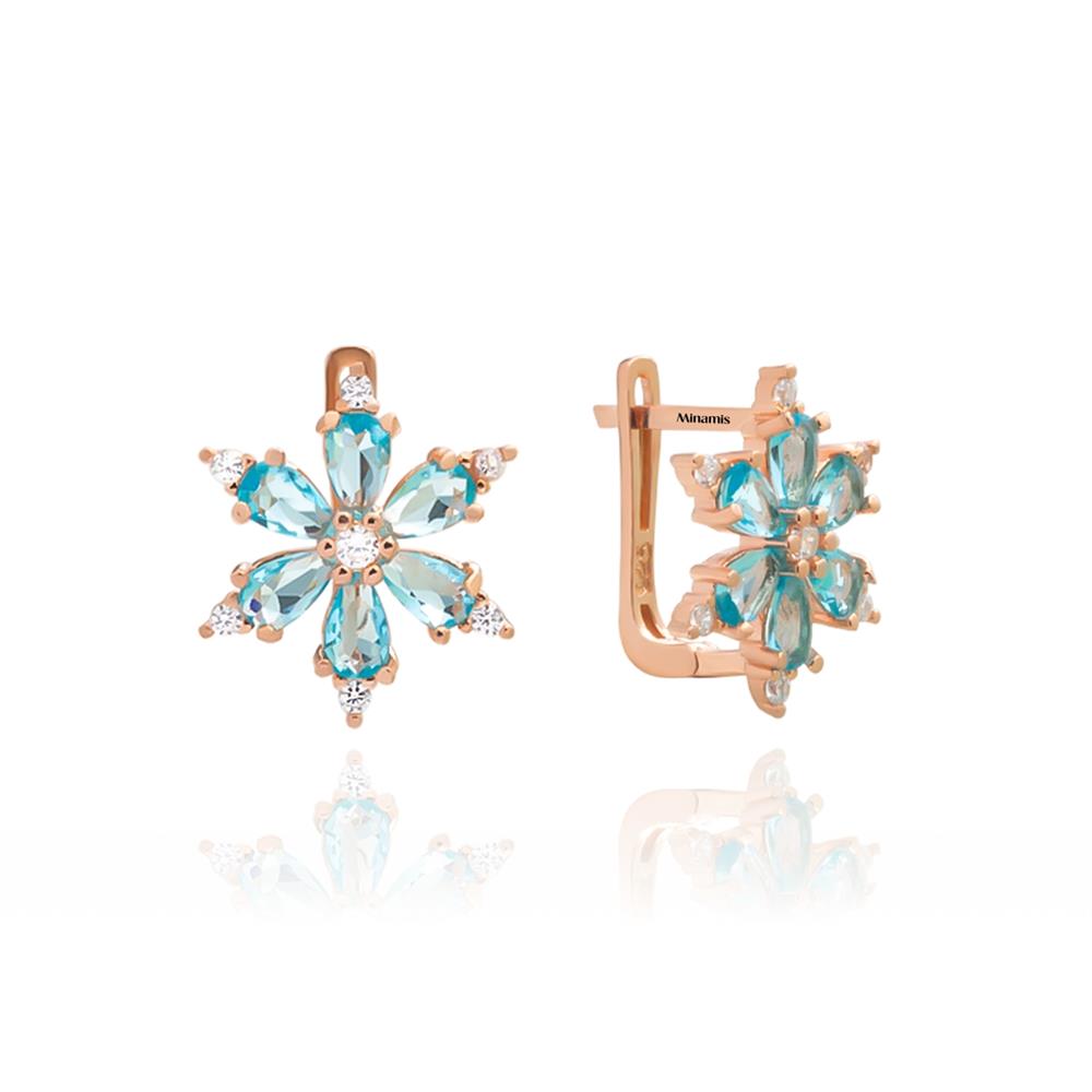 London Topaz Taşı Renkli Klipsli Gümüş Çiçek Küpe Rose