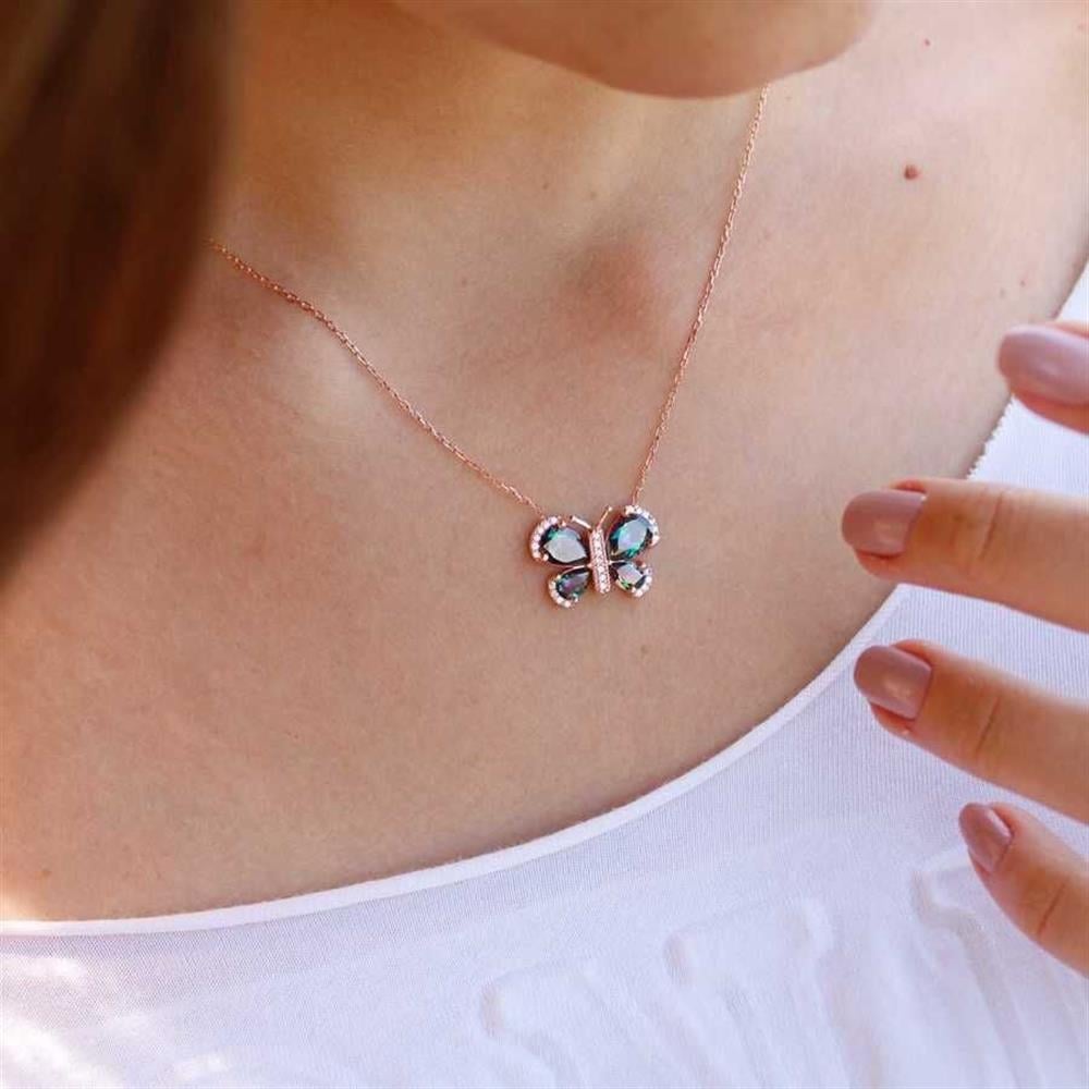 Mistik Topaz Taşlı Kelebekli 925 Ayar Gümüş Kolye