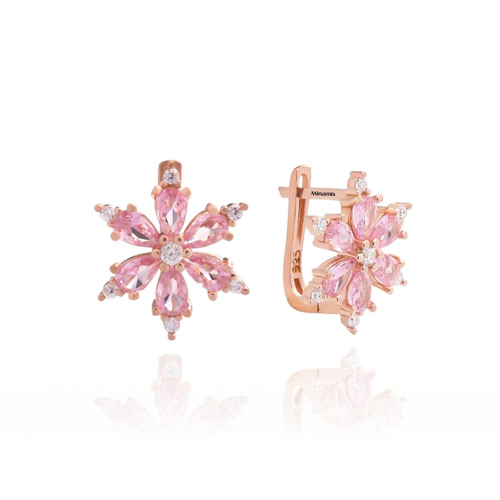Pembe Morganit Taşı Renkli Gümüş Çiçek Küpe Rose