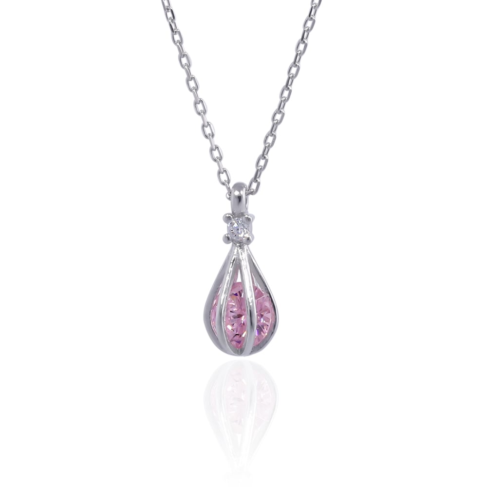 Pembe Taşlı Damla Kafes Silver Renkli Kolye