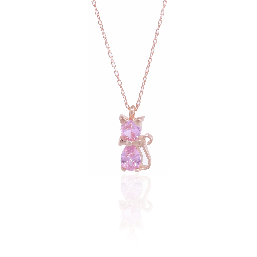 Pembe Taşlı Kedili kolye