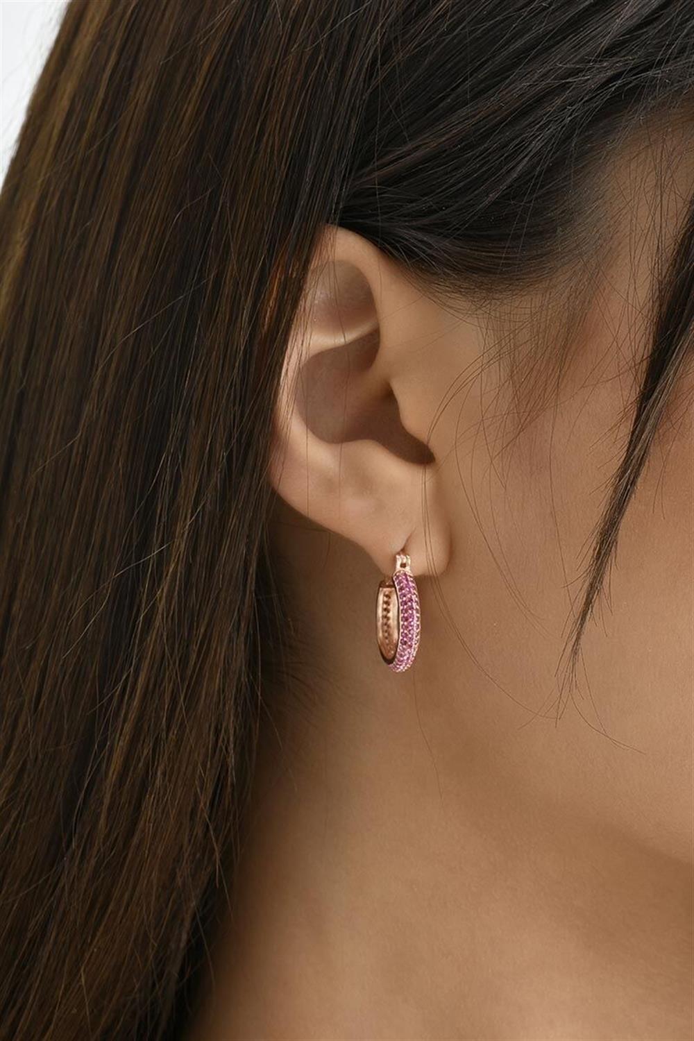 Pembe ve Beyaz Taşlı 925 Ayar Gümüş Küpe