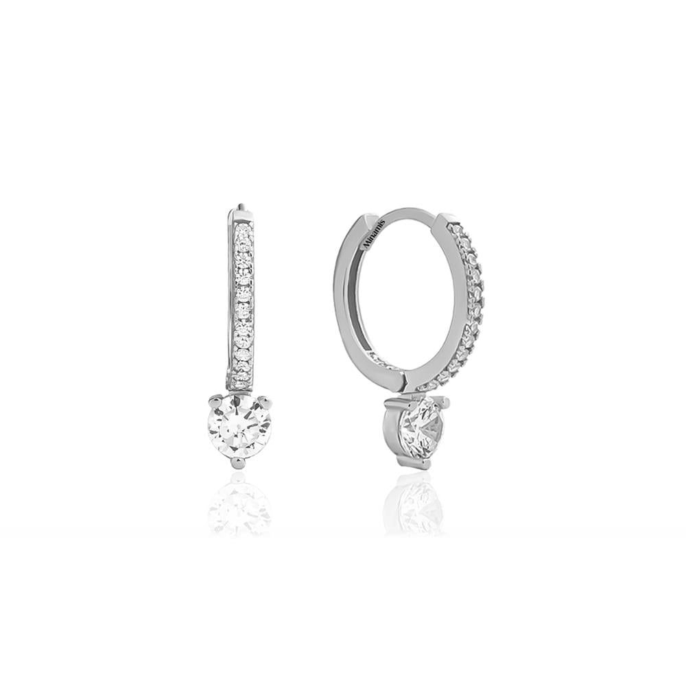 Sıra Taşlı Halkalı Gümüş Tektaş Küpe Silver