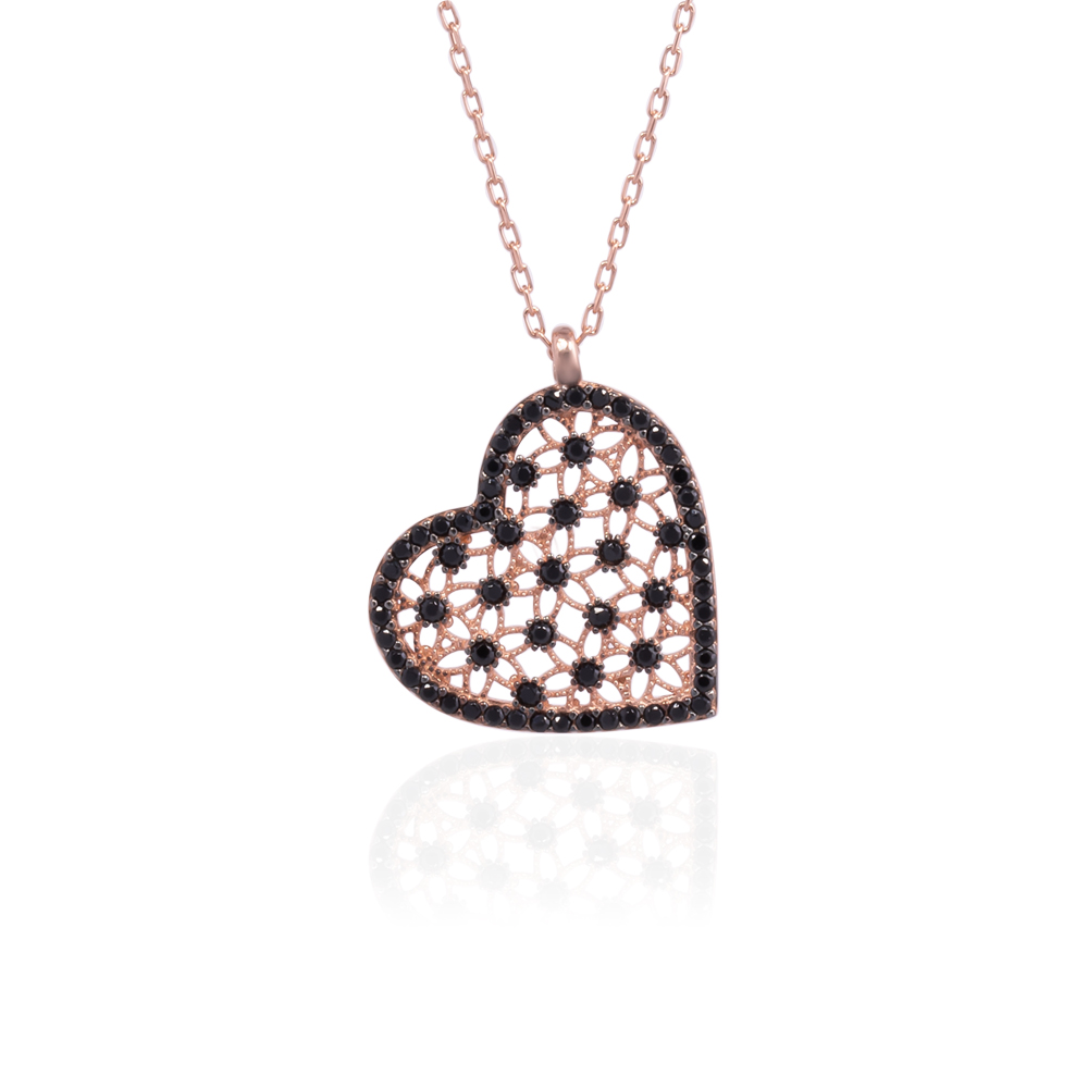 Siyah Taşlı Kalp Kolye