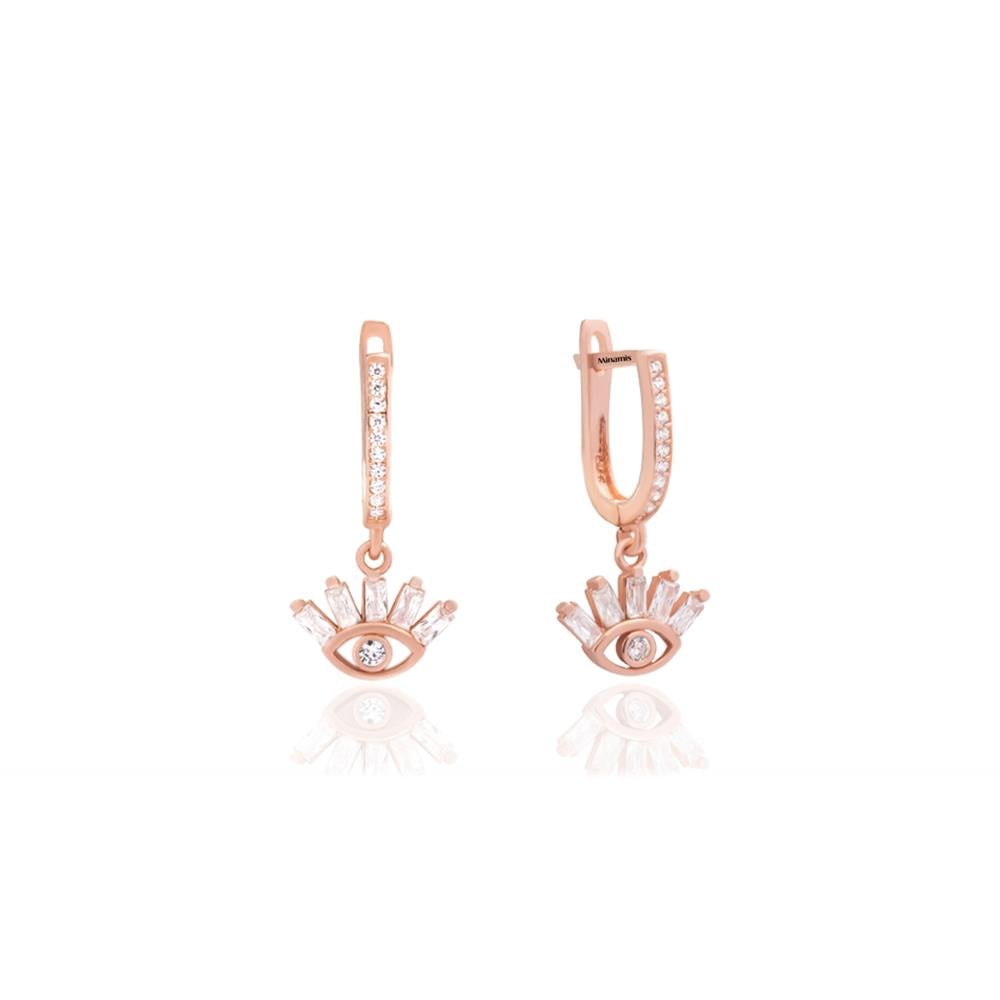 Taşlı Göz Charm Sallantılı Gümüş Küpe Rose