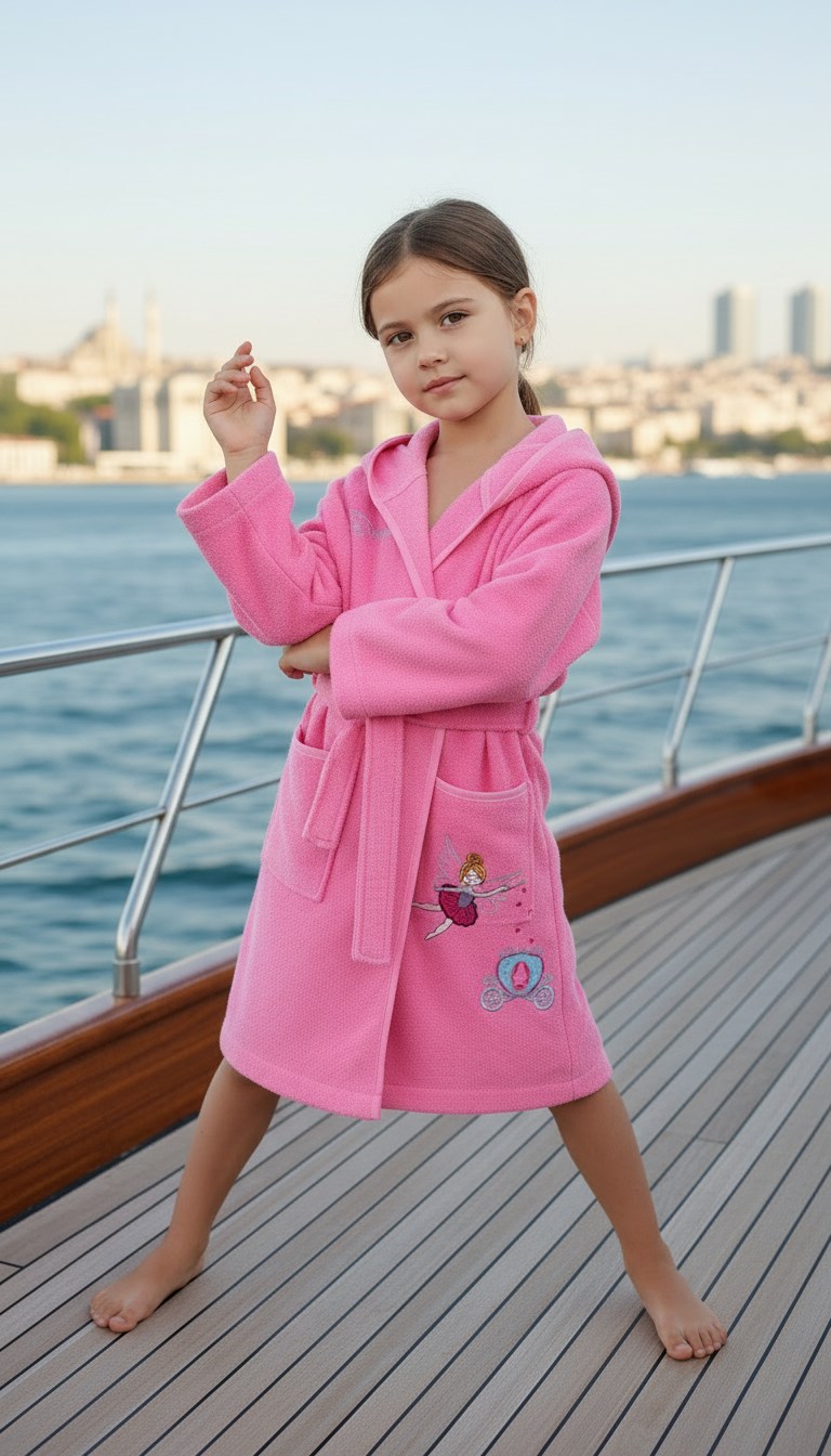%100 Pamuk Angel Nakışlı Pembe Kız Cocuk Bornoz