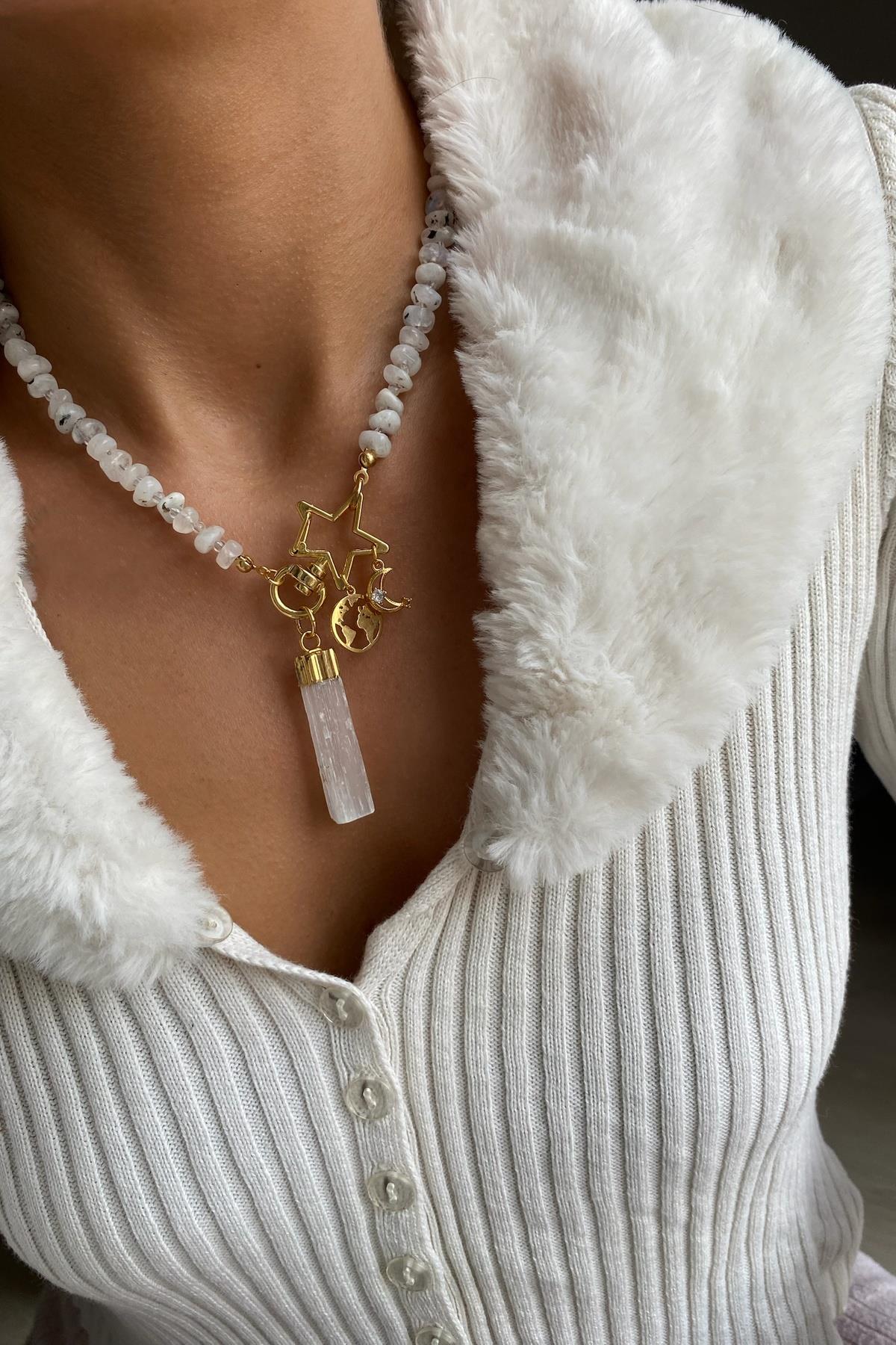 Kristal Kuvars Uçlu Aytaşı Kolye  