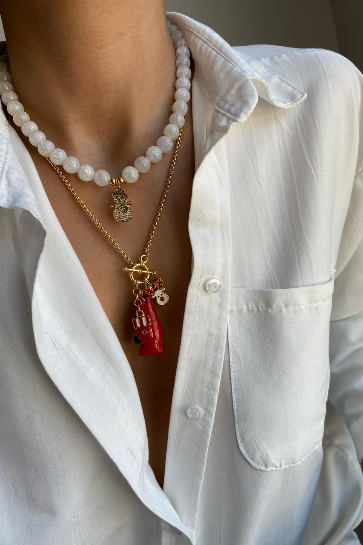 Yeni Yıl Temalı Kristal Kuvars & Mercan Taşı Kolye Seti (Tüm Set)