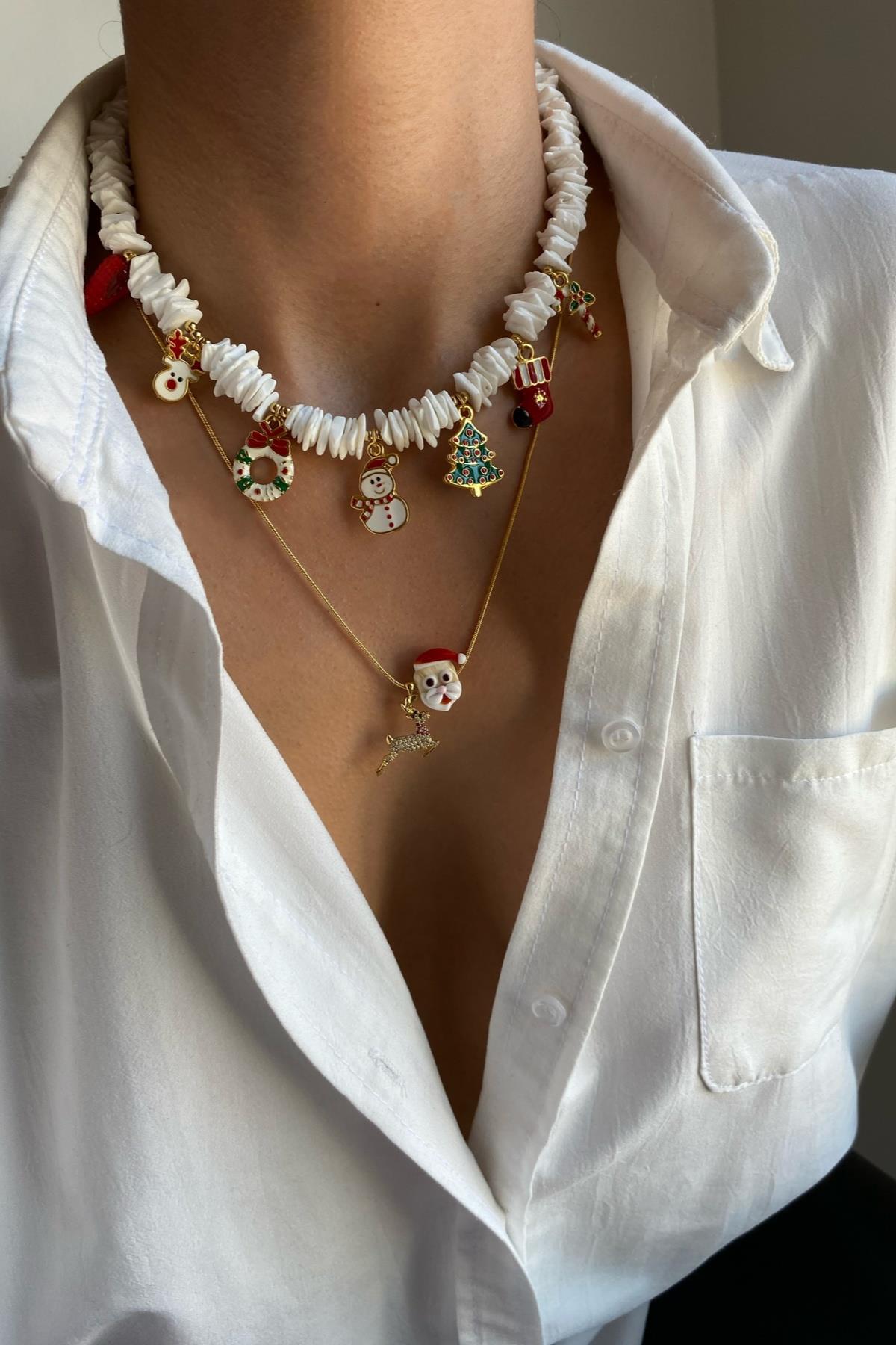 Yeni Yıl Temalı Sedef Taşı Charm Kolye Seti (Tüm Set)