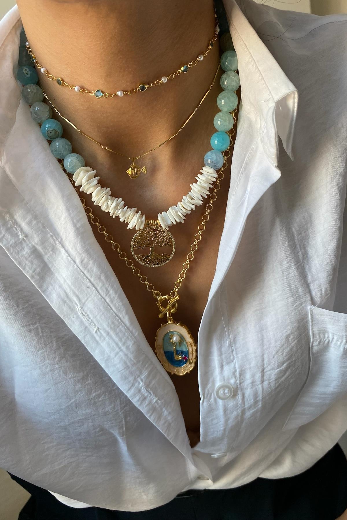 Akik & Sedef Taşı Tasarım  Kolye Seti (Tüm Set)